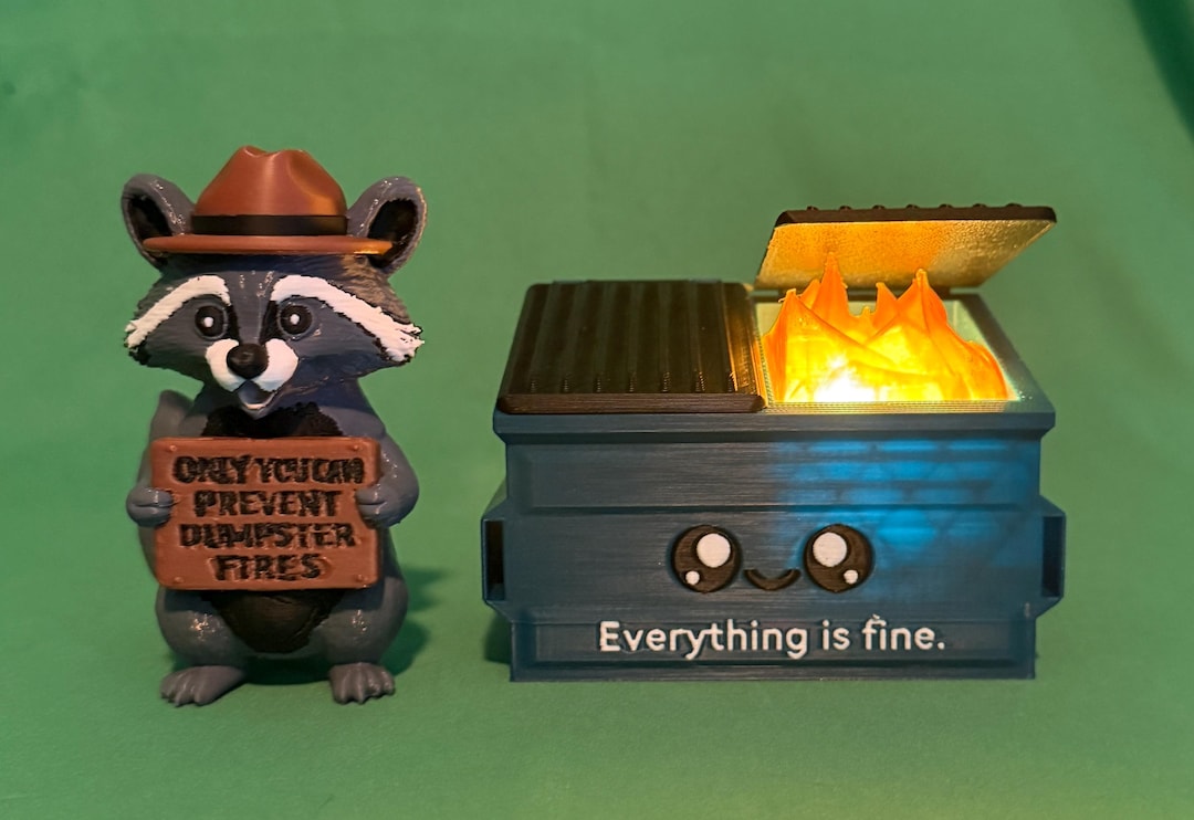 Funny Desk Toy Set: 3D Printed Dumpster Fire Raccoon Figurine